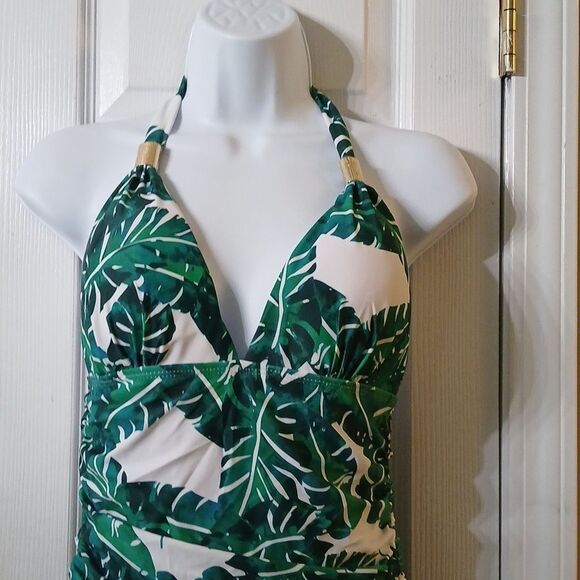 Tropical green fern halter v neck bathing suit swim suit  Sz M NWOT - Picture 3 of 6